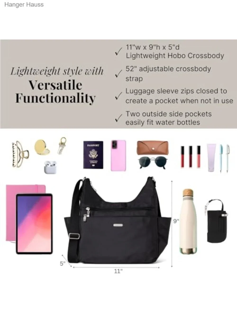 Lightweight Machine Washable Hobo Crossbody with RFID Protection